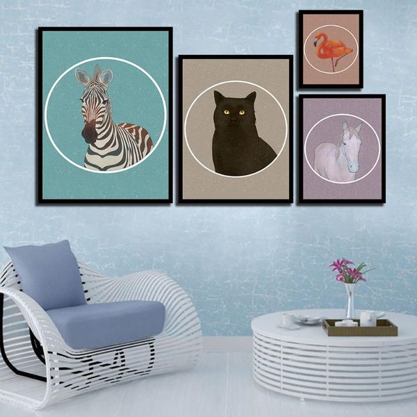 

nordic watercolor style poster animals flamingo horse pictures canvas printed zebra cat painting wall art home kids room decor