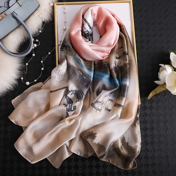 

2019 brand designer shawls and wraps vintage style ink and wash pattern silk scarf women lady christmas gift long foulard hijab