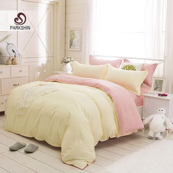 

parkshin beige and pink solid color bedding set comfortable plain double duvet cover set soft polyester flat sheet bedclothes