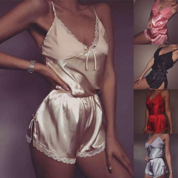 

summer new women satin silk lace sleepwear babydoll lingerie nightwear shorts pyjamas set strap pajamas, Blue;gray