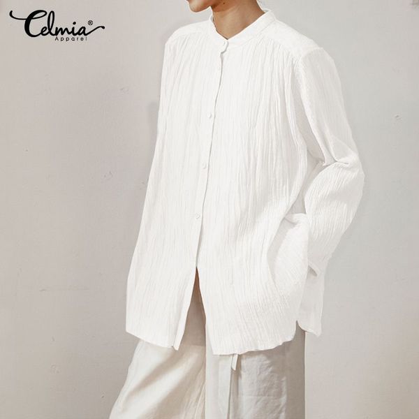 

celmia vintage shirts 2019 autumn women tunic long sleeve blouse buttons casual pleated loose blusas feminina plus size 5xl, White