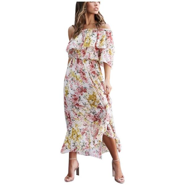 

stylish bar fashion women summer skew collar ruffles dresses floral printed slim chiffon long dress female clothing vestido, Black;gray