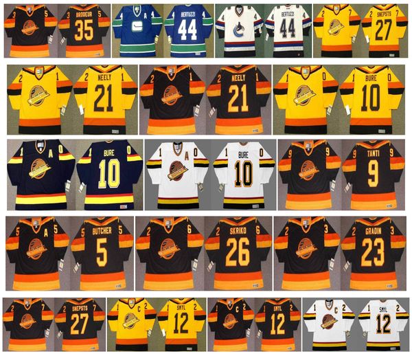 

vintage vancouver canucks jersey 10 pavel bure 9 tony tanti 26 petri skriko 23 thomas gradin 5 garth butcher 35 richard brodeur retro hockey, Black;red