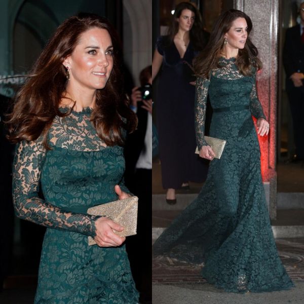 

dark green kate middleton full lace women evening dresses fitted long sleeves sheer bateau neck floor length formal celebrity gowns