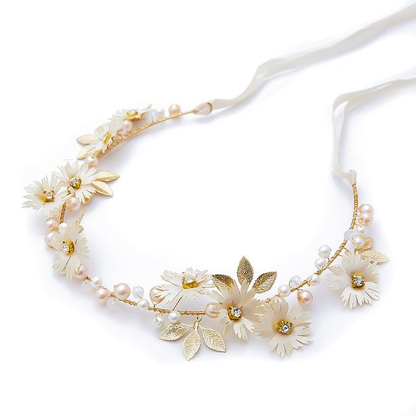 

women flower headband with ribbon wreath wedding party ladies girls garlands floral crown hairband kqs8, Golden;white