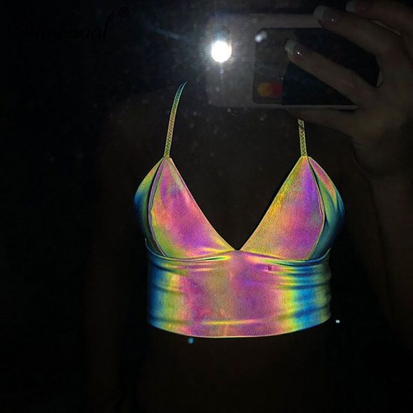 

MarchWind Simenual V Neck Sexy Holographic Bralette Crop Top Strap Reflective Fashion Camis Hot Summer 2019 Sleeveless Backless Tank Tops