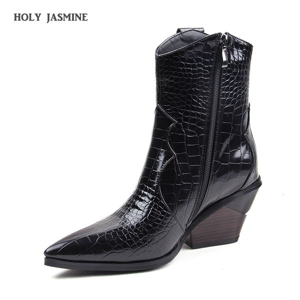 

2019 autumn winter fashion cowgirl boots women shoes western cowboy ankle boots pointed toe leather black shoes woman heel