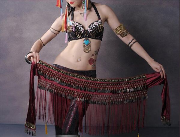 

stage wear women tribal belly dance hip scarves dancing waist belts ats scarf with fringe coins flannel, Black;red