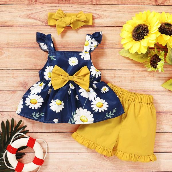 

toddler baby girls sleeveless sunflower print suspender +shorts outfits, White