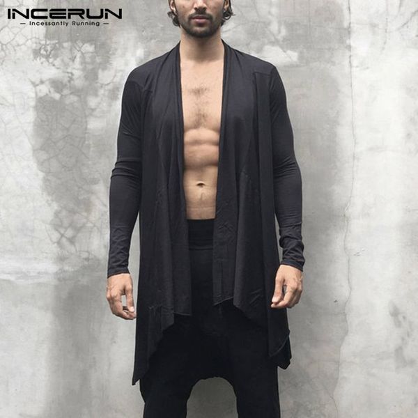 

incerun 2019 men outerwear solid casual cloak cape long sleeve irregular coat long cardigan men streetwear fashion thin trench, Tan;black