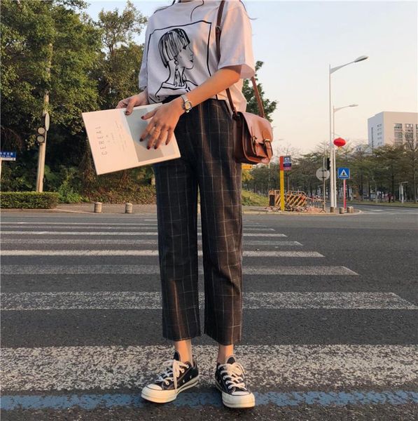 

plaid casual pants women's 2019 autumn new style korean-style versatile slimming loose-fit straight-leg pants students harem cap, Black;white