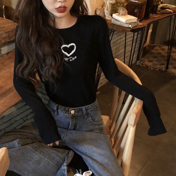 

женщины tee круглый воротник футболка весна осень новое сердце печати топ свободные повседневные с длинным рукавом простой дикий футболка, White