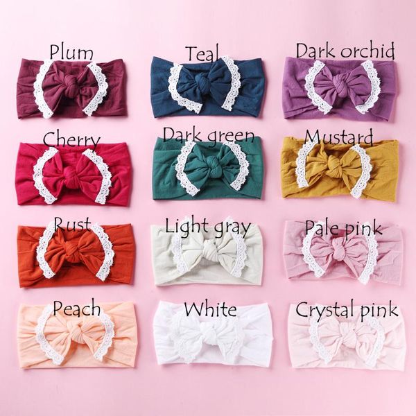 

hair accessories 48 pcs lace trim knot bow nylon baby headbands, wide turban head wrap girls accessory, Slivery;white