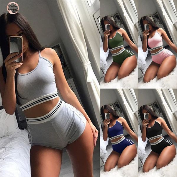 

women new solid slim tank shorts pants suit bra sets fitness women clothes seamless set, Gray
