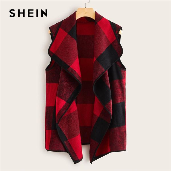 

shein multicolor waterfall collar gingham vest coat women outwear 2019 autumn sleeveless open front office laidies casual coats, Black;white