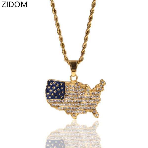 

men hip hop iced out usa map shape pendant necklaces stainless steel with cz stone male hiphop charm necklace jewelry gifts, Silver