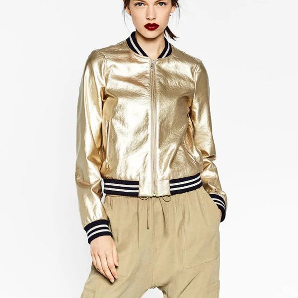 

осень цвет металла женщины bomber jacket дамы основные pu кожаная куртка baseball женщины золото серебро zipper coat, Black;brown