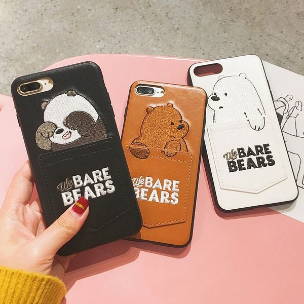 

New cartoon cute embroidery 3d we bare bear card pocket phone ca e with card pocket cover leather oft cover for iphone