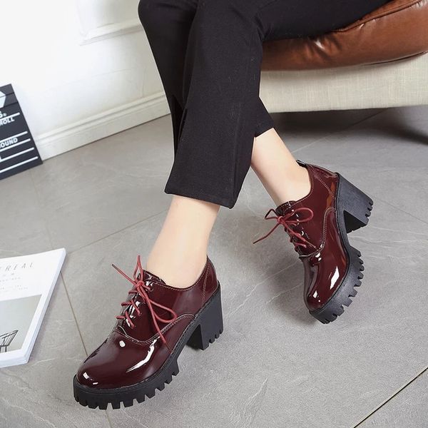

2019 autumn new bright leather high heels thick bottom waterproof table british women's shoes thick heels single shoes ins small shoes, Black