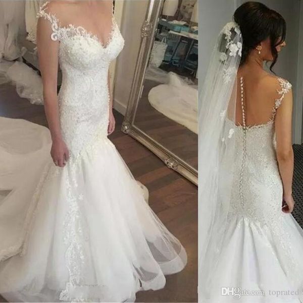 Sexy Princess Sirena Abito da sposa Sheer gioiello Pizzo Appliques Perle Court Court Treno Cappella Giardino Beach Bidal Gowns Robe de Mariage