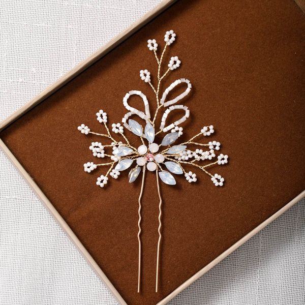 

new design shining rhinestone pearls u-shaped flower leaf hairpins clips for women girls bride noiva wedding hair accessories, Golden;white