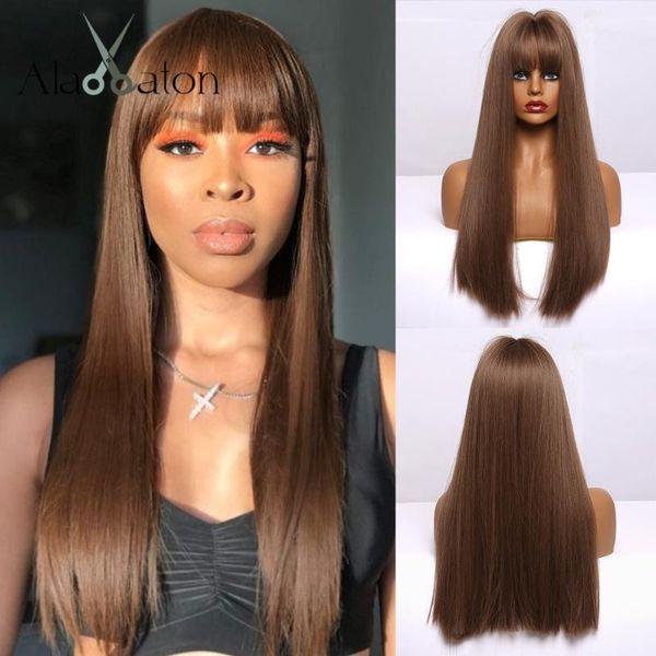 

alan eaton brown wigs with bangs cosplay synthetic hair wigs for black women afro long silk straight heat resistant fibre