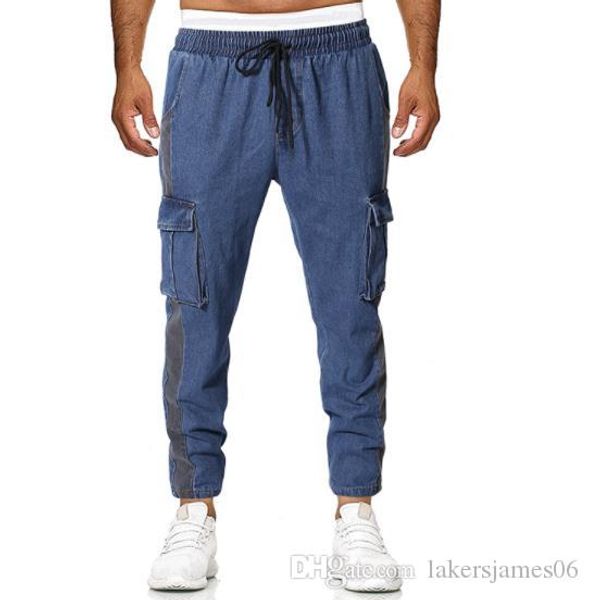 

mens loose designer jeans long pants pocket solid color homme clothing straight drawstring sport style fashion casual apparel, Blue