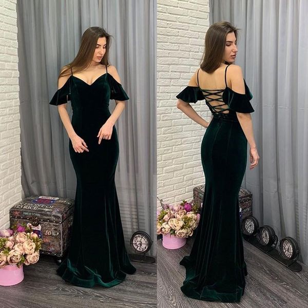 Verde escuro sereia vestidos de baile veet fora do ombro alças espaguete até o chão simples vestido de festa à noite formal ocn wear