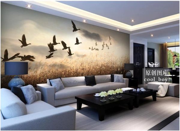 Fotomurali personalizzato 3D Wallpaper murali sfondi idilliaco silhouette paesaggio bird sera canna carte sfondo muro dipinto a mano Moody