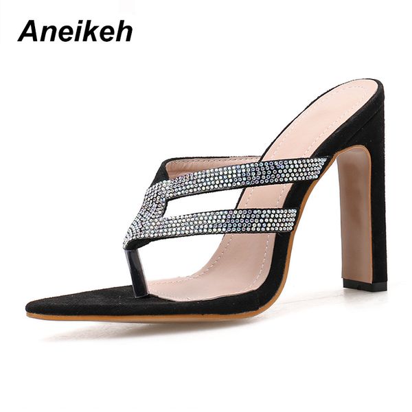 

aneikeh glitter rhinestone flip flops shoes woman heeled slippers pointed end slip-on thin high heels lady fashion party pumps, Black