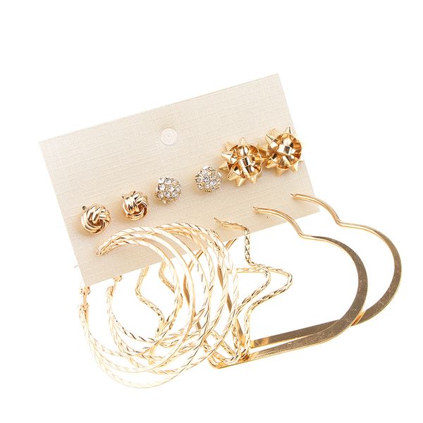 

6 pairs knot rhinestone ball stud big loop rings ear stud set club earrings, Golden