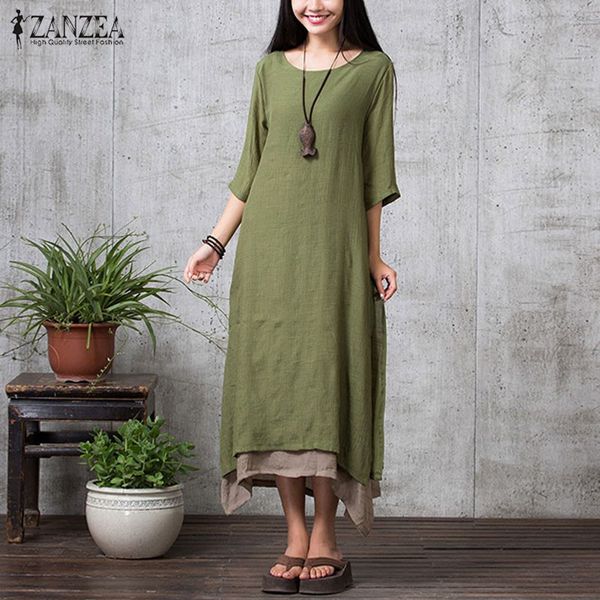 

zanzea 2016 new boho style summer women vintage loose long maxi dress solid 3/4 sleeve dresses femininas vestidos plus size, White;black