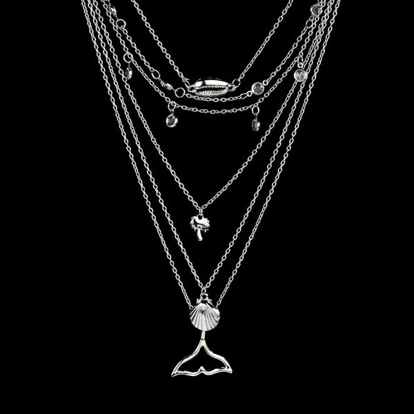 

special for bohemia lips coconut shell fish tail pendant multi-layer manual necklace set, Silver