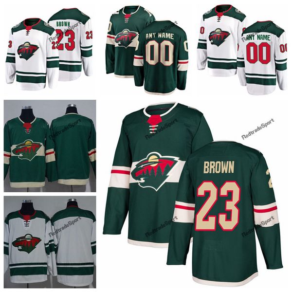 

2019 j.t. brown minnesota wild hockey jerseys mens custom name home green white #23 jt brown stitched hockey shirts s-xxxl, Black;red