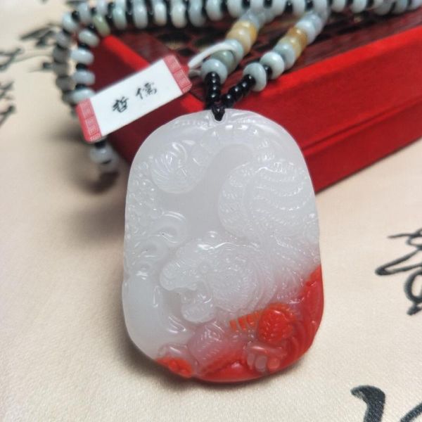 

zheru jewelry pure natural chicken blood jade carving tiger pendant tricolor jade bead necklace send national certificate, Silver