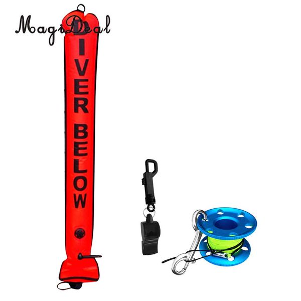 

magideal high visibility 4ft diver below smb surface marker buoy, aluminum alloy finger spool, whistle for scuba diving snorkel