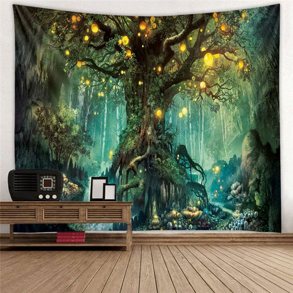 3D Psychedelic Floresta Fada Tapestry Garden Hippie Hanging Wall decorativa Sala Verde Desejando Trees Tapetes de parede Home Decor