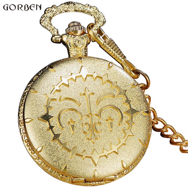 

luxury round golden steampunk quartz pocket watch with fob waist chain vintage anime fans cosplay pocket watch women mens gifts, Slivery;golden