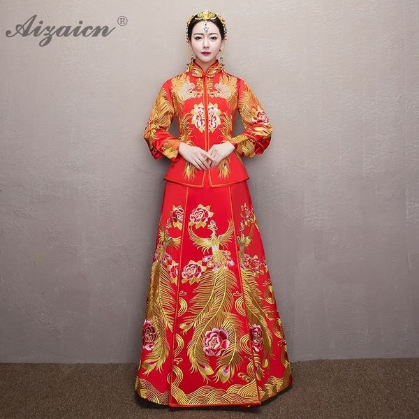 

new chinese phoenix wedding dress qipao promotion modern embroidery cheongsam red bride long dresses qi pao women robe orientale