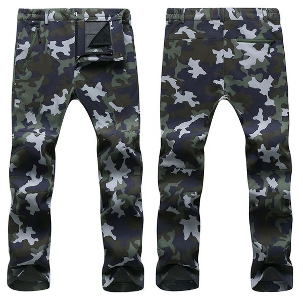 

outdoor winter men&women thick warm fleece hiking pants softshell waterproof windproof thermal camping camouflage elastic waist, Black;green