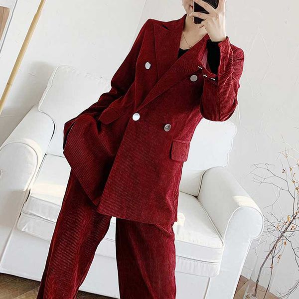 

vintage corduroy women blazer suit female 2 pieces set double-breasted jacket & long pant women blazer set 2020 spring, White;black