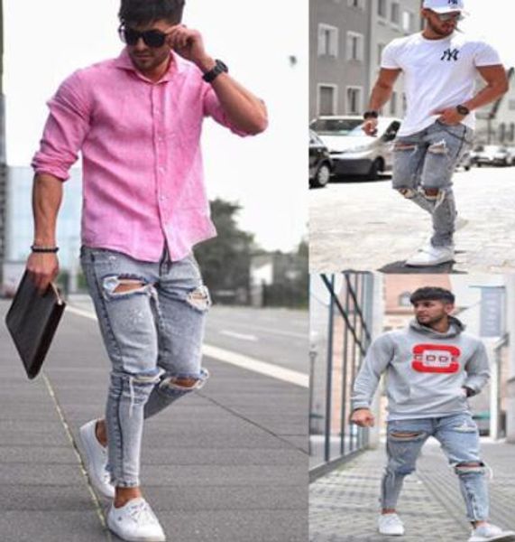 

mens light blue jeans fashion street holes ripped distressed pencil pants slim fit male hommes pantalones