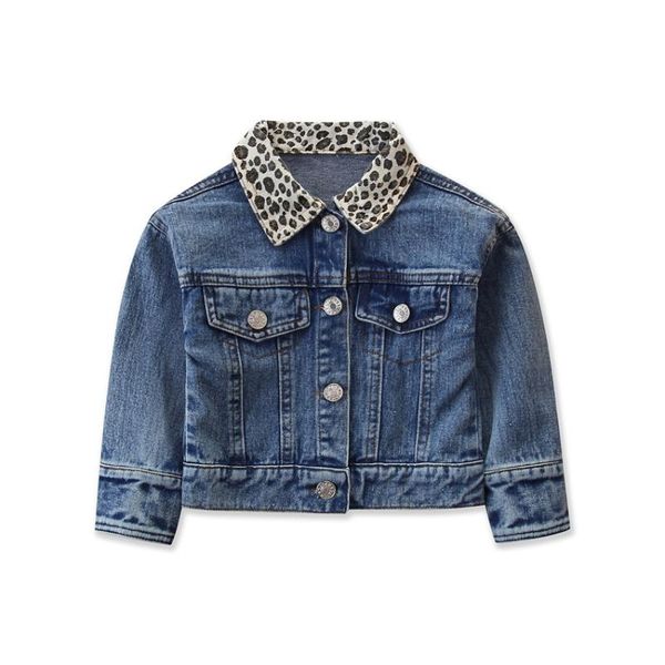 

2020 autumn children's clothing leopard lapel denim jacket tide girls denim jacket, Blue;gray