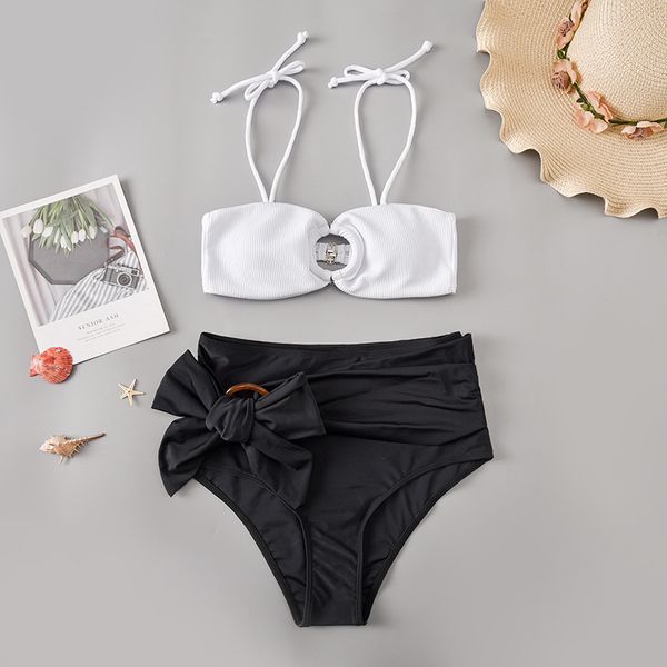 

2020 elastic new original bow waist decoration suspender strap loop personality swimsuit female bikini, White;black