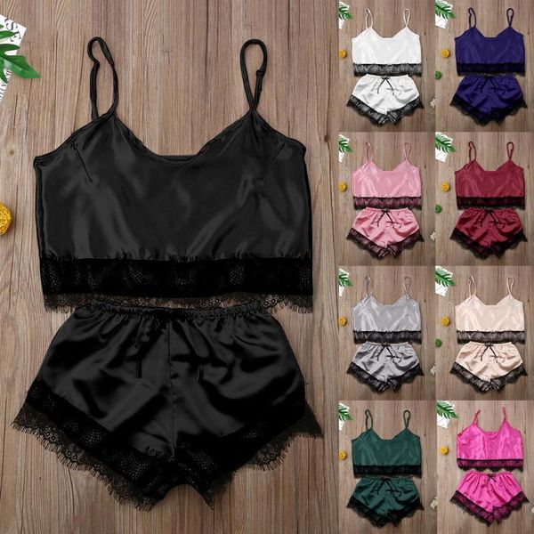 

summer home clothes sheer satin pajamas set women lingerie lace trim camisole shorts pijama mujer sleepwear nightwear, Black;red