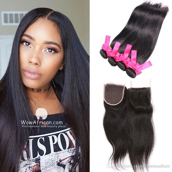 Straight Human Hair With Closure Unprocessed Double Drawn Weaves