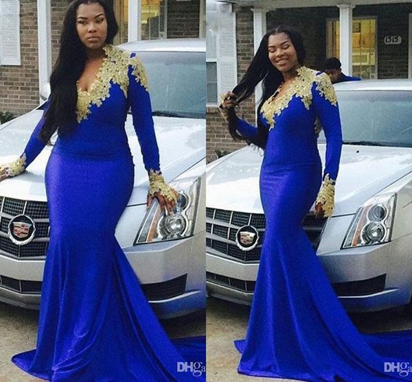 

африканский плюс размер royal blue русалка платье с золотыми аппликациями длинными рукавами v шеи платья партии официально мантии платья веч, Black;red