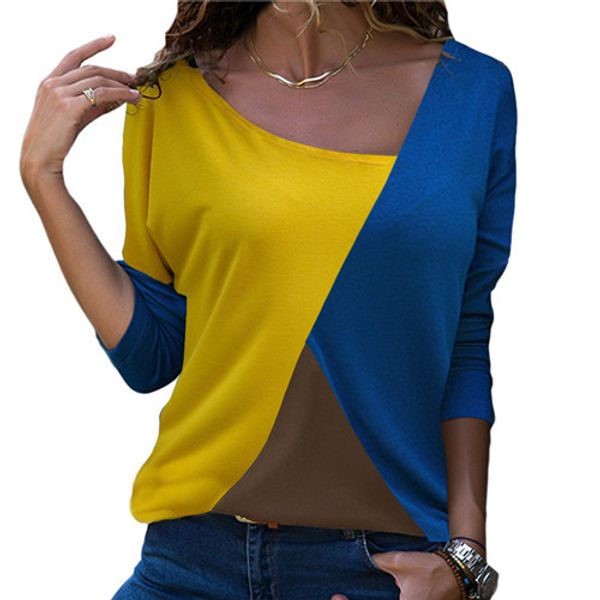 

long sleeve t shirt women autumn o neck color patchwork pullover tees casual female clothes 2019, White