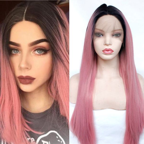 

Ombre Pink Wig Lace Front Glueless Synthetic Lace Wigs for Women Heat Resistant Fiber Synthetic Hair Black Roots 1B/Pink ombre Straight Hair