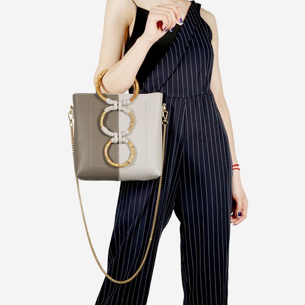 

2019 fashion design casual tote hit color messenger bags chic wood handle shoulder bag vintage pu leather chain handbag